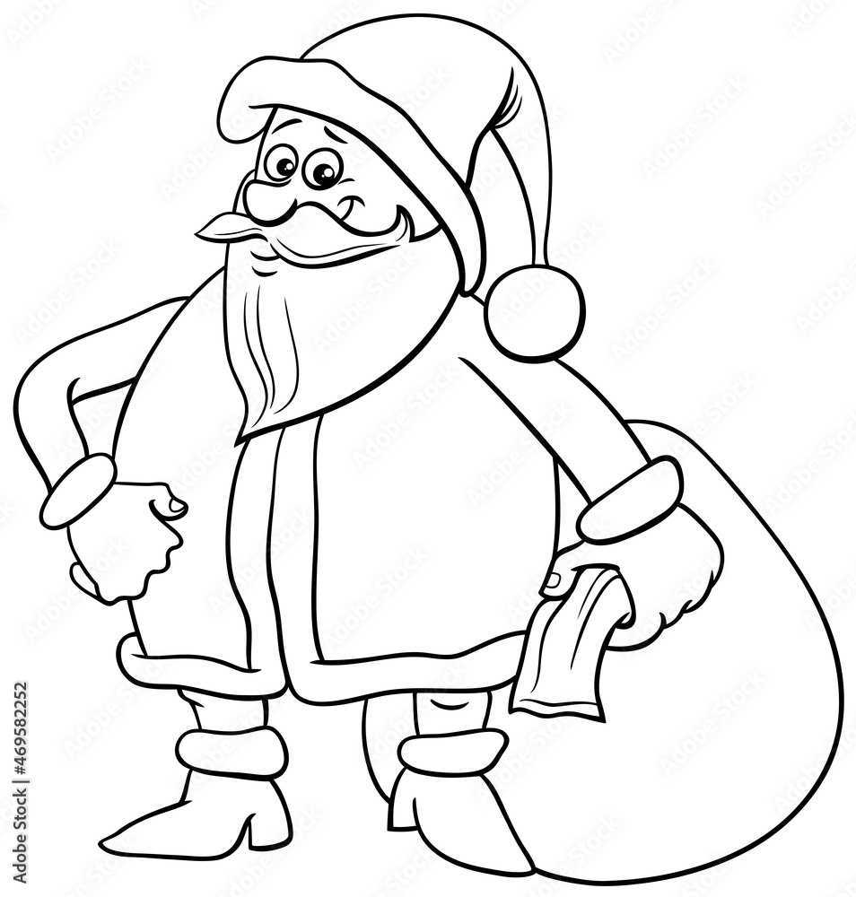 Cartoon santa claus with sack of presents coloring book page vector