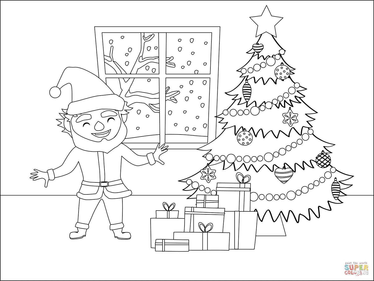 Santa claus christmas tree and presents coloring page free printable coloring pages