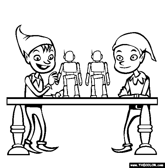 Santas christas elves online coloring page