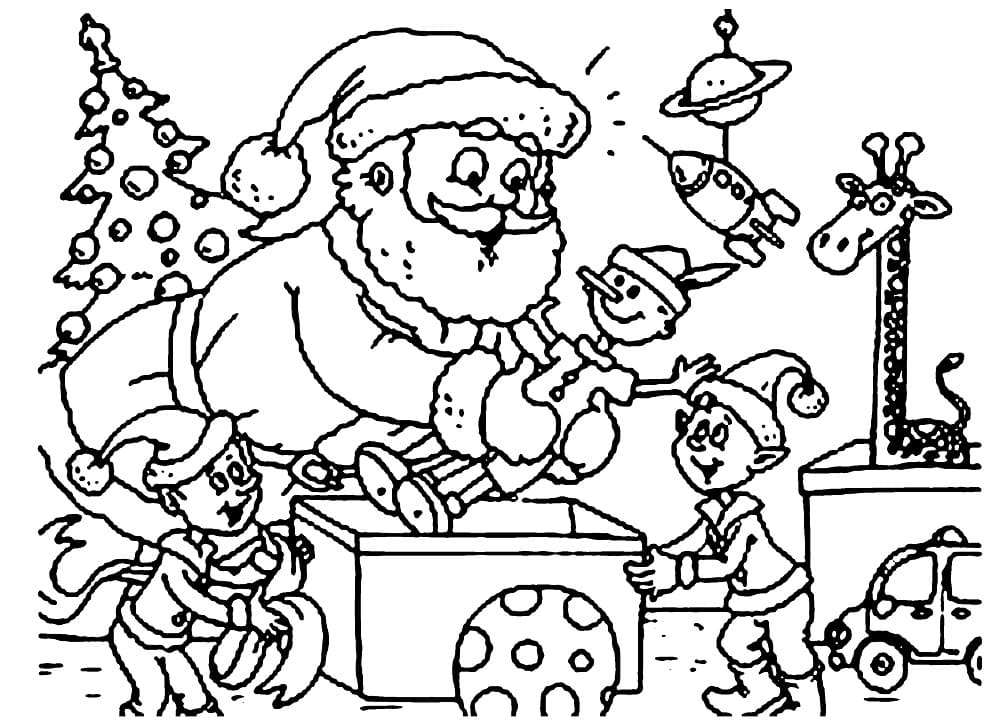 Santa claus and christmas elves coloring page
