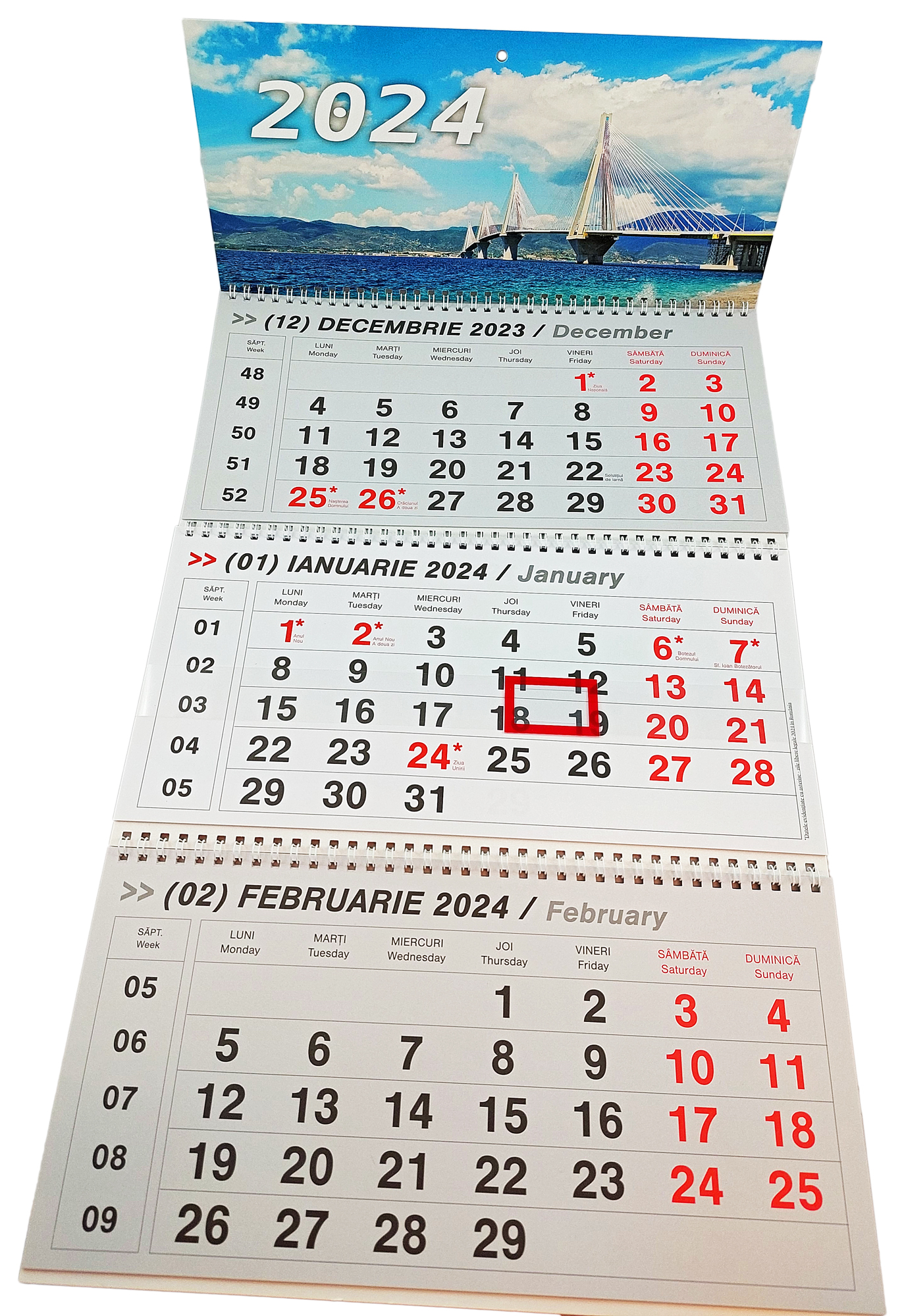 Calendar triptic pliabil de perete cu spira intre blocuri