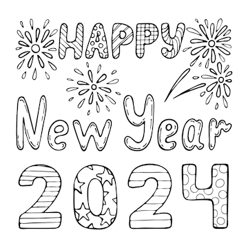 Premium vector happy new year coloring book hand drawn line art illustration