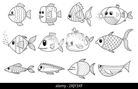 Cartoon cute fish hand drawing outline colouring pictures isolated items suitable for childrens coloring and prints adorable character for card stock vector image art