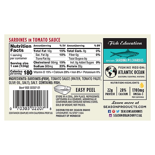 Season brand sardines in tomato sauce oz