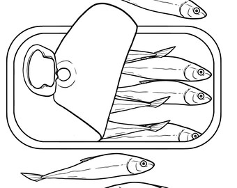 Can of sardines art sardine print digital download can fish coloring page instant download
