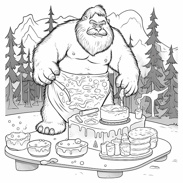 Premium ai image bake with bigfoot cartoon coloring page of sasquatch baking a cake