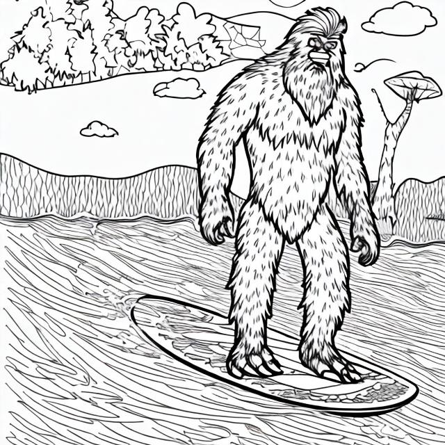 A kids coloring page of a bigfoot riding a surfboard