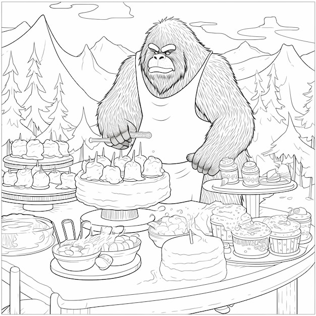 Premium ai image bake with bigfoot cartoon coloring page of sasquatch baking a cake