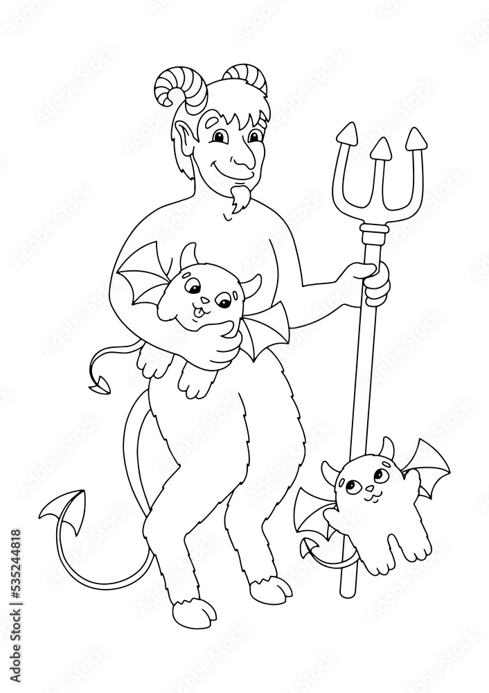 The devil with a pitchfork catches cute devils coloring book page for kids cartoon style character vector illustration isolated on white background vector