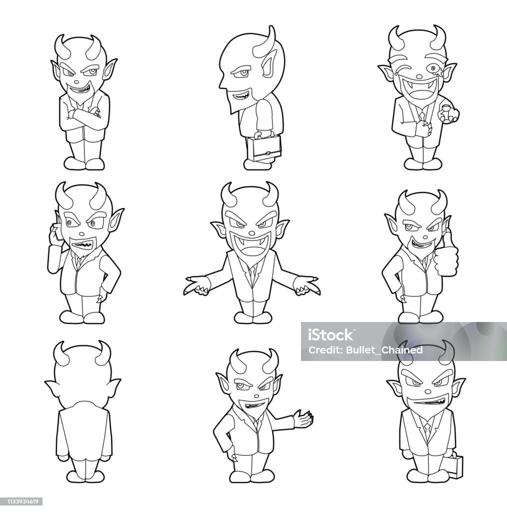 Halloween character big head poses devil businessman coloring book stock illustration