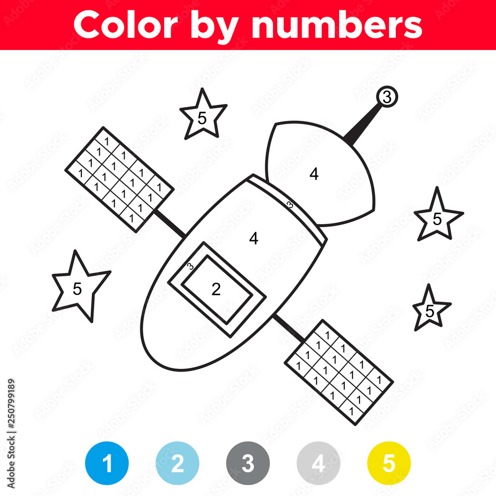 Color by number for preschool and school kids coloring page or book with satellite space theme vector illustration vector