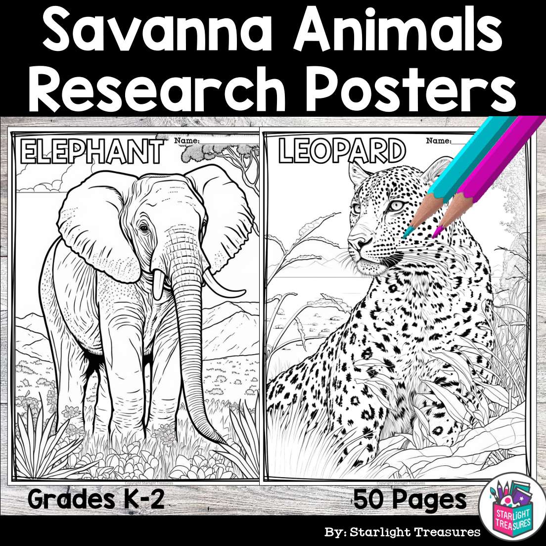 Savanna animals research posters coloring pages