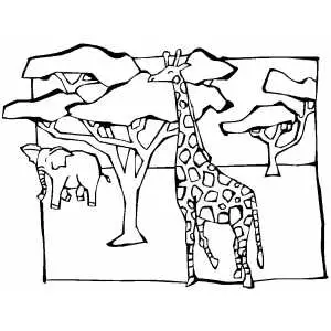 Giraffe and elephant in savanna coloring page