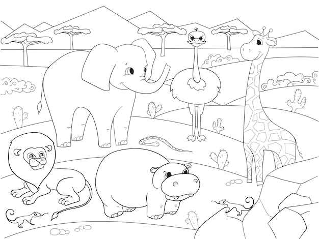 Premium vector animals of africa savanna coloring vector for adults
