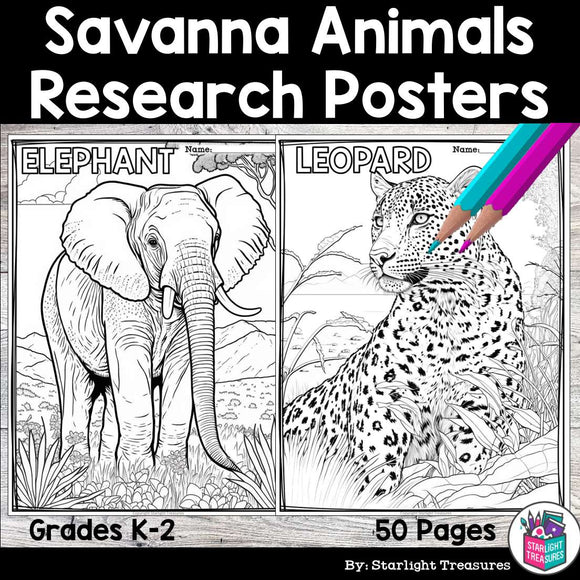 Savanna animals research posters coloring pages