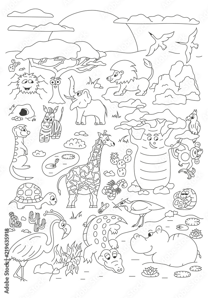 Coloring hand drawn page with cute savanna animals vector vector