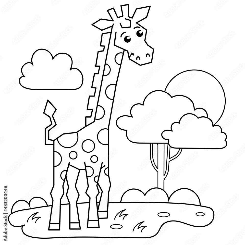 Coloring page outline of cartoon giraffe in the savanna animals zoo coloring book for kids vector