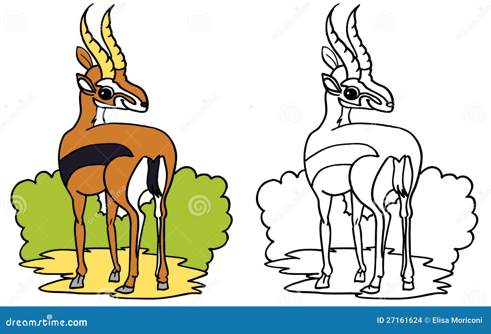 Cute antelope smiling in the savannah color and bw stock illustration
