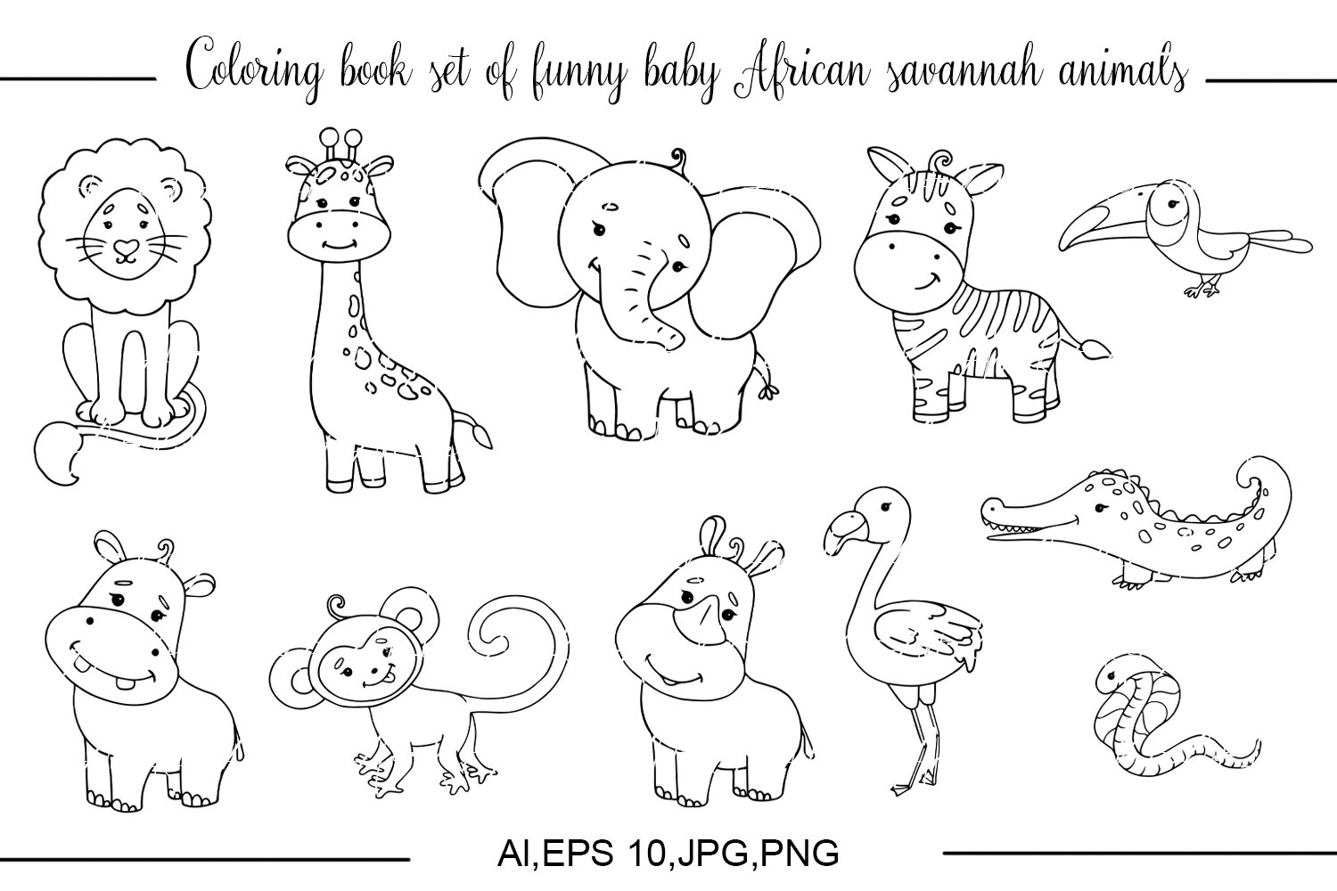 Coloring book set of funny baby african savannah animals