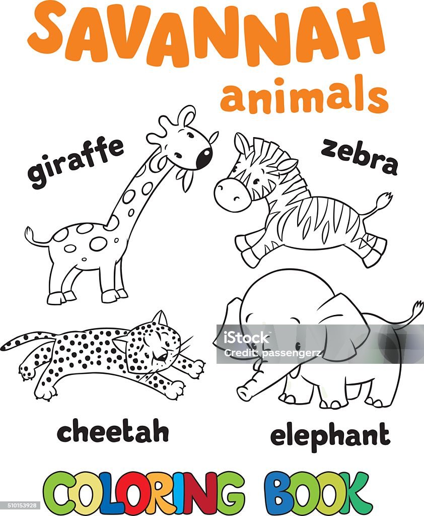 Set of funny savannah animals coloring book stock illustration