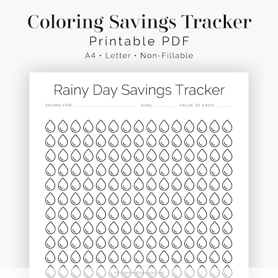 Rainy day savings tracker colouring pages printable pdf finance planner saving goals personal finance instant download