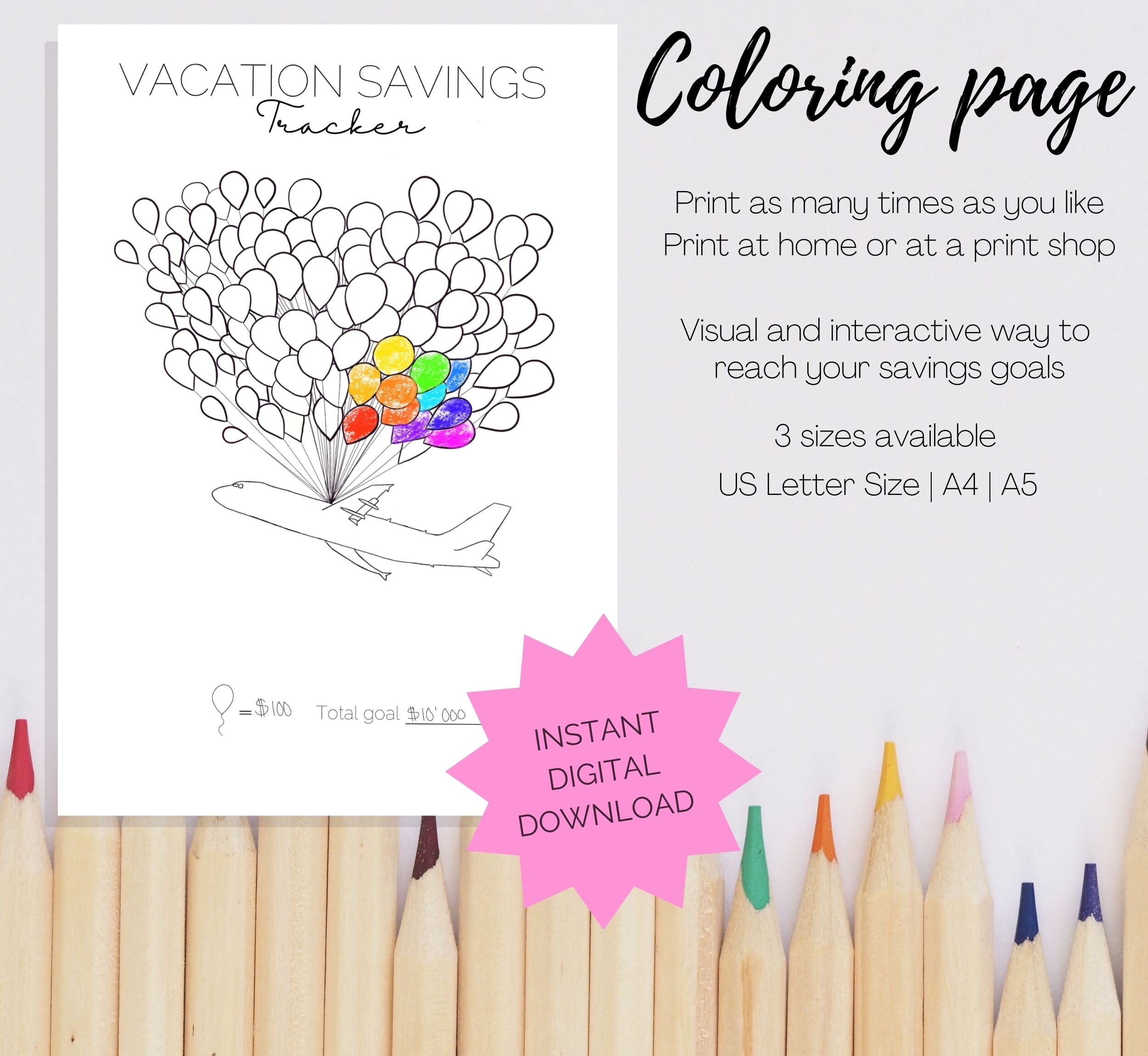 Vacation savings tracker digital download colouring page tracker printable holiday tracker coloring page print at home