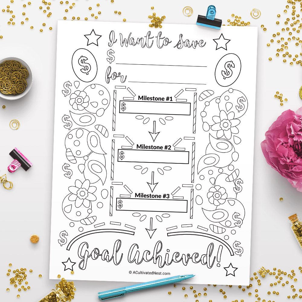 Savings goal planner printable coloring page