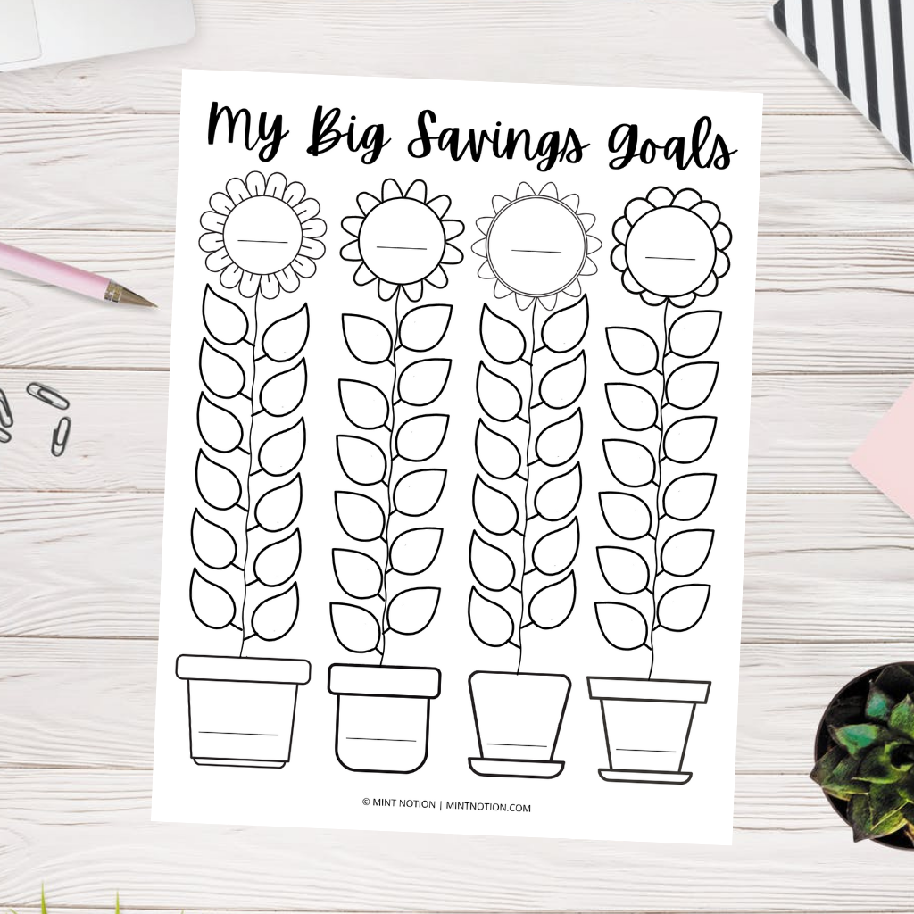 Sunflower savings goal tracker printable â mint notion shop