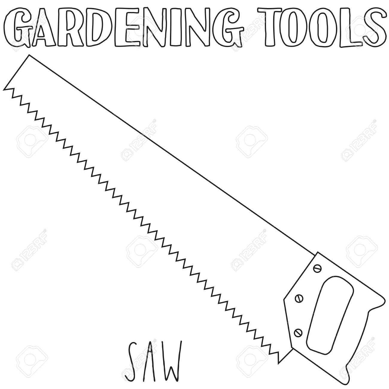 Line art black and white saw coloring book page for adults and kids garden tool vector illustration for gift card certificate sticker badge sign stamp logo label icon poster banner royalty free