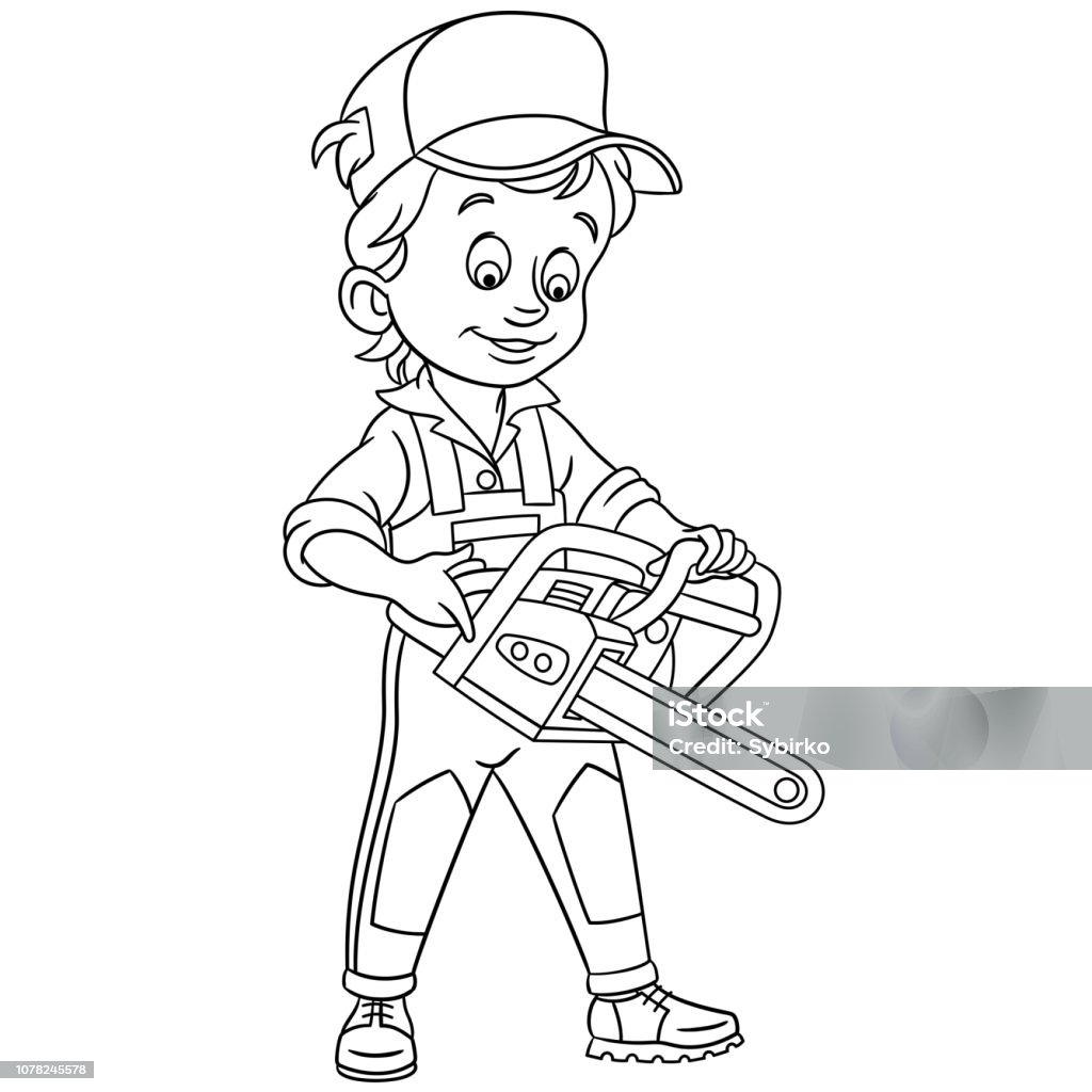 Coloring page with lumberjack with electric saw stock illustration