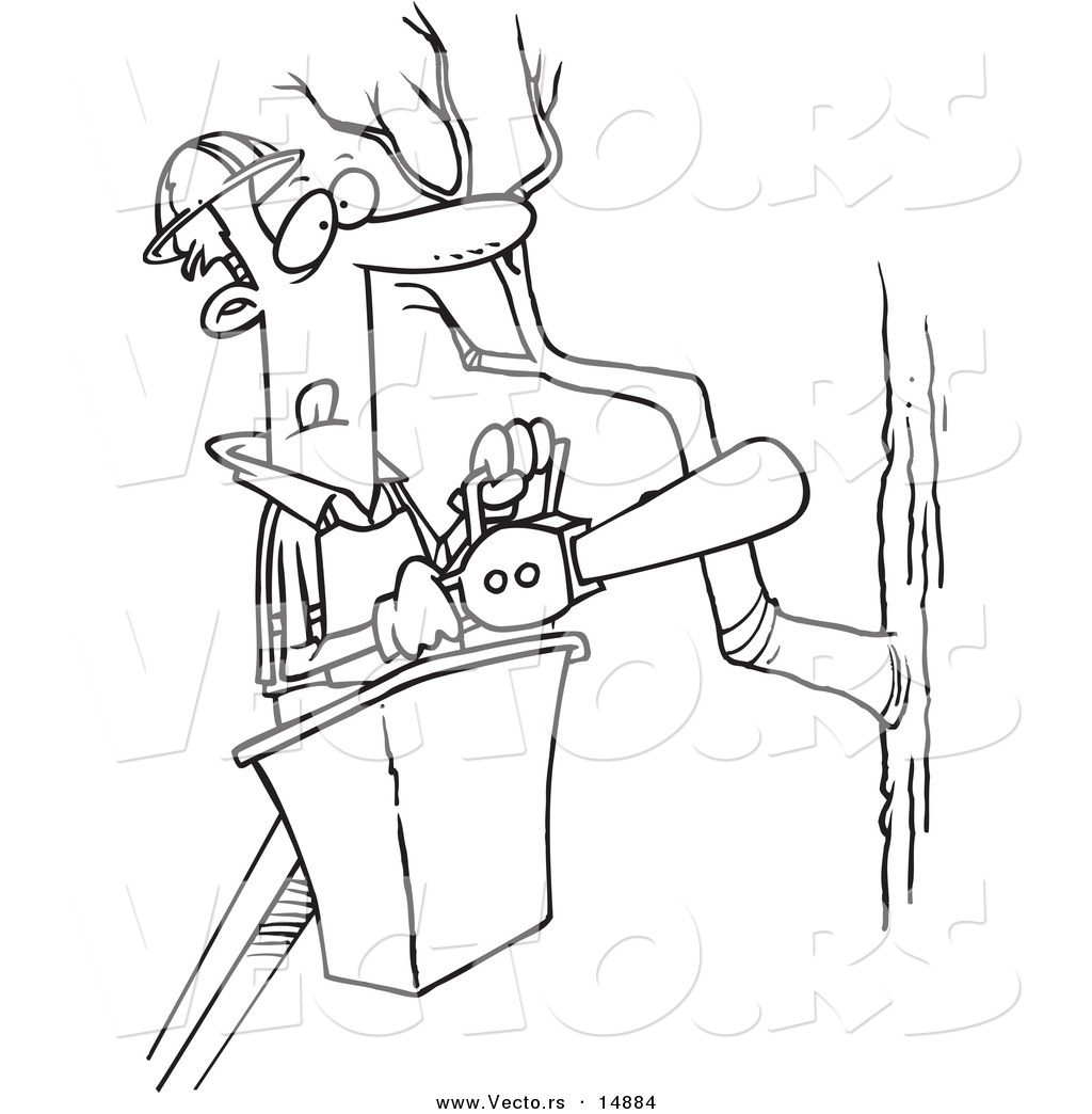 R of a cartoon tree trimmer holding a saw