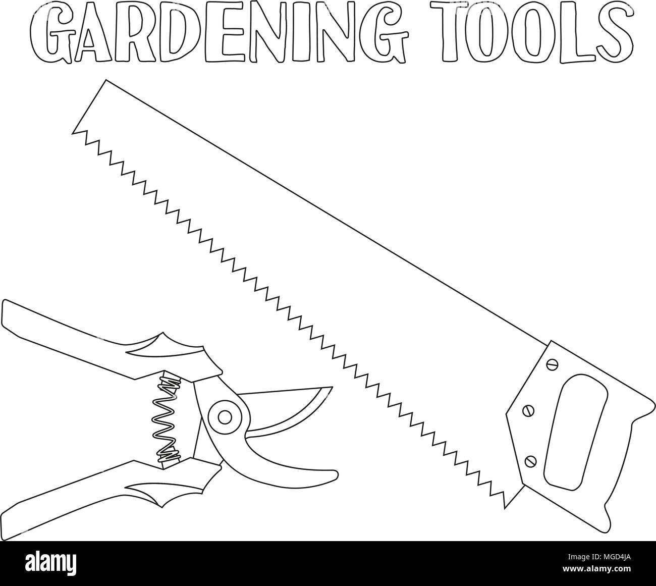Line art black and white tree trimming set secateur and saw coloring book page for adults and kids garden tool vector illustration for gift card ce stock vector image art