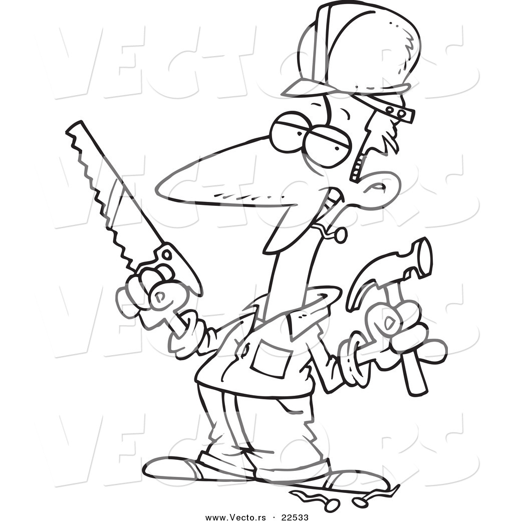 R of a cartoon construction guy holding a hammer and saw