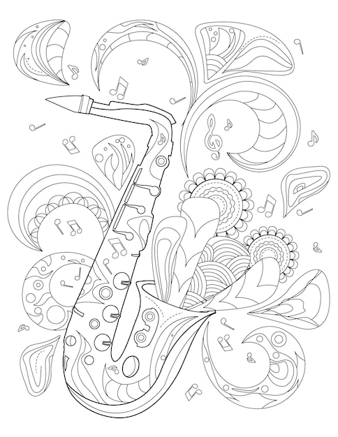 Premium vector sax instrument line drawing playing music with flowers ing out from it coloring book