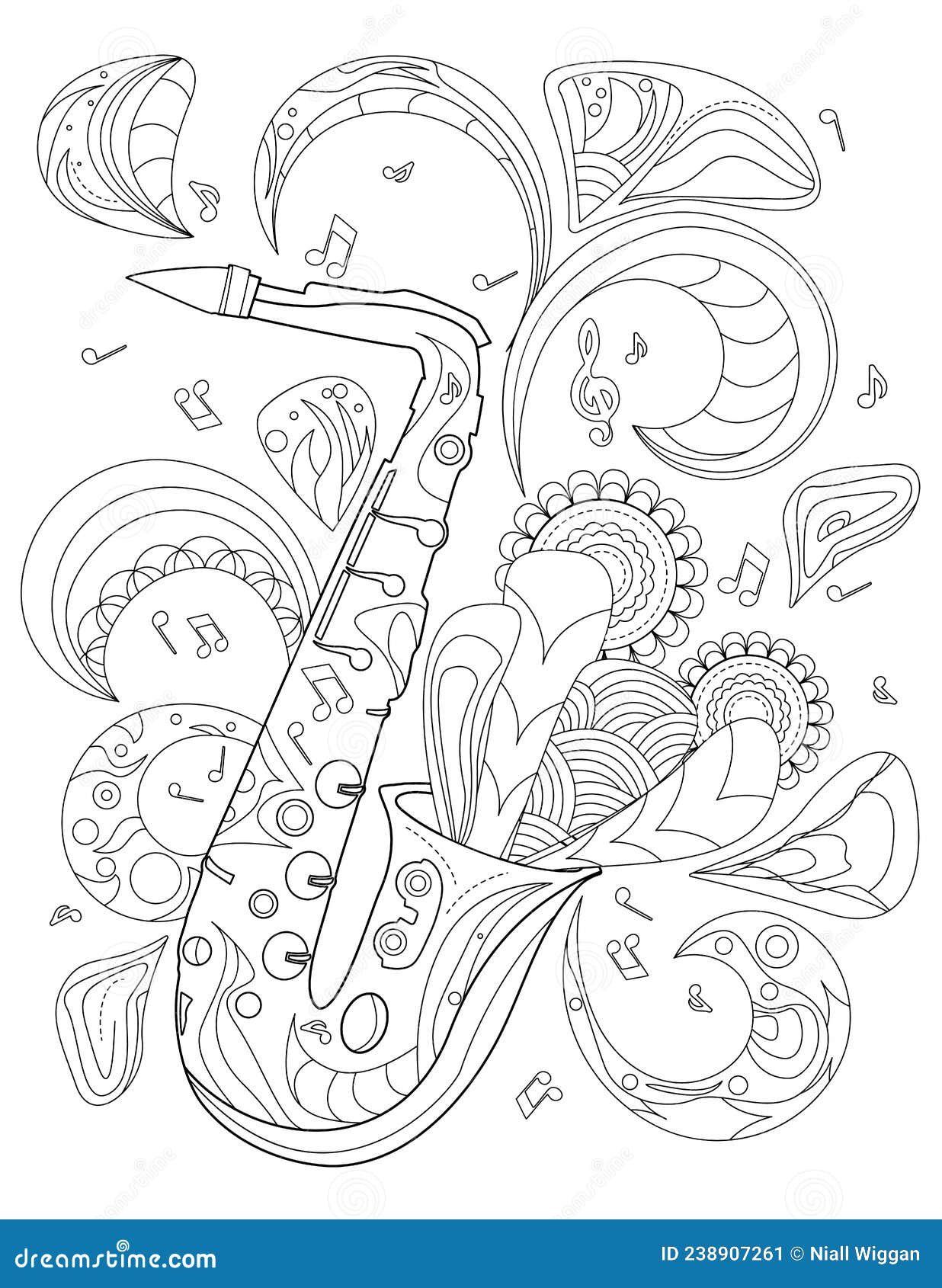 Sax instrument line drawing playing music with flowers ing out from it coloring book stock vector