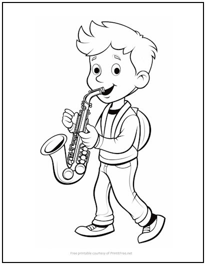 Boy with saxophone coloring page print it free