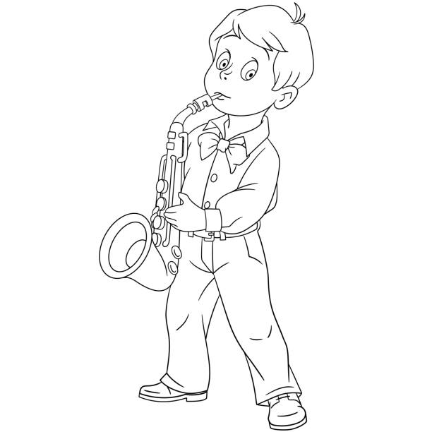 Cartoon boy saxophonist stock illustration