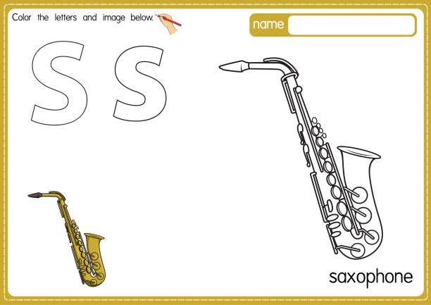 Vector illustration of kids alphabet coloring book page with outlined clip art to color letter s for saxophone stock illustration