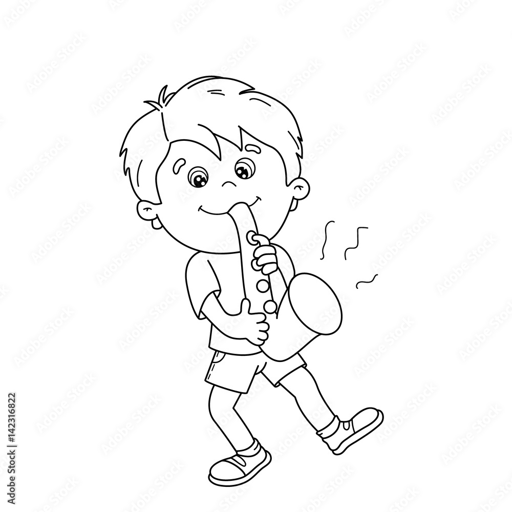 Coloring page outline of cartoon boy playing the saxophone musical instruments coloring book for kids vector