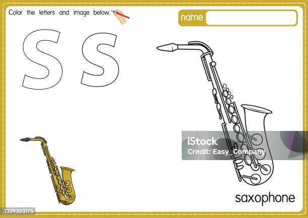 Vector illustration of kids alphabet coloring book page with outlined clip art to color letter s for saxophone stock illustration