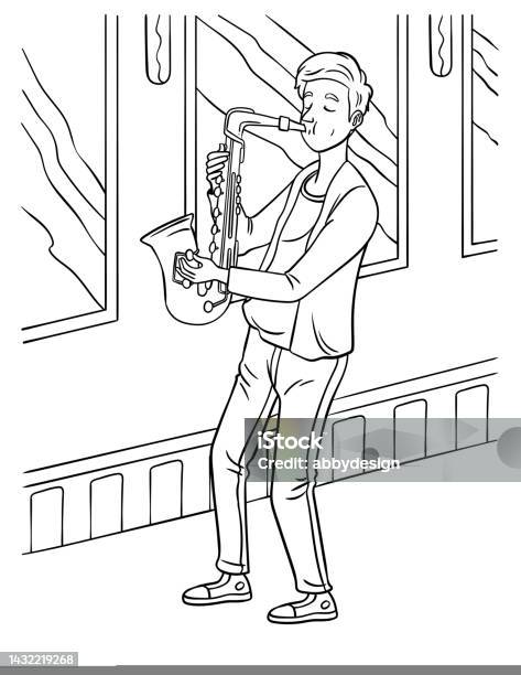 Saxophonist coloring page for kids stock illustration