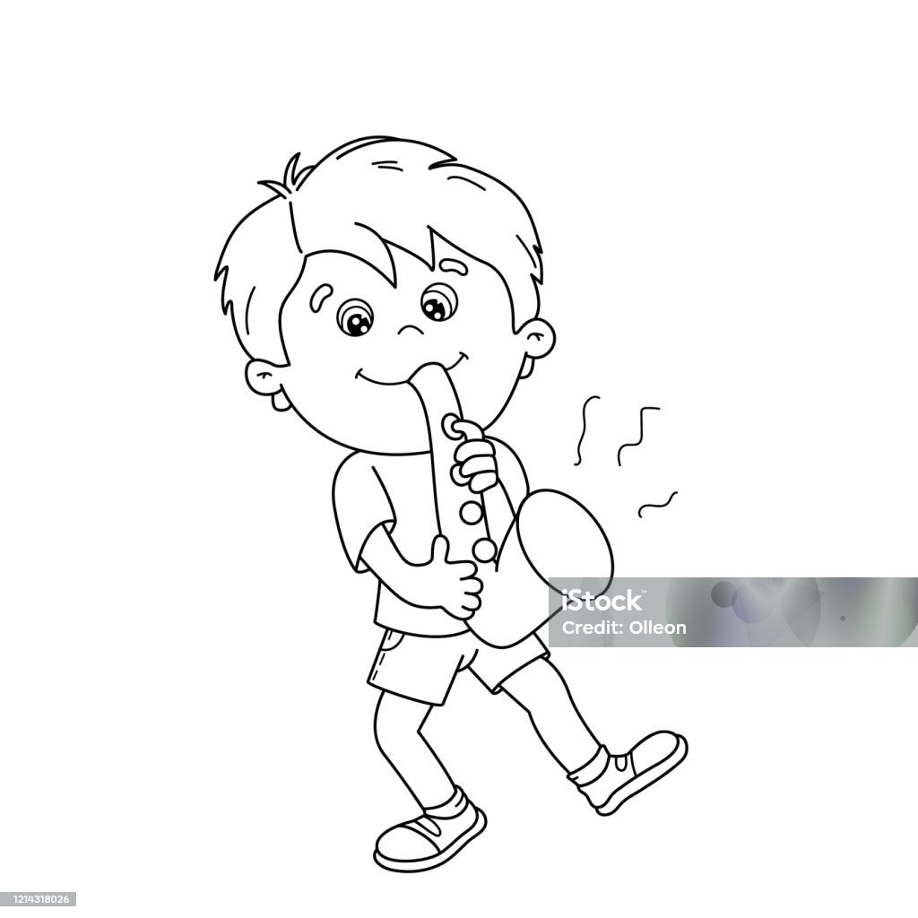 Coloring page outline of cartoon boy playing the saxophone musical instruments coloring book for kids stock illustration