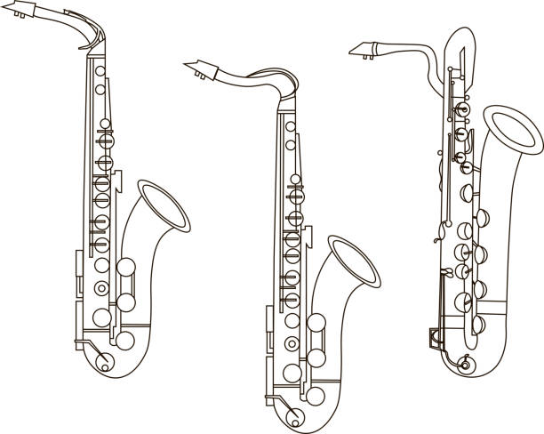 Black line drawings of outline alto saxophone tenor saxophone and baritone saxophone musical instrument contour stock illustration