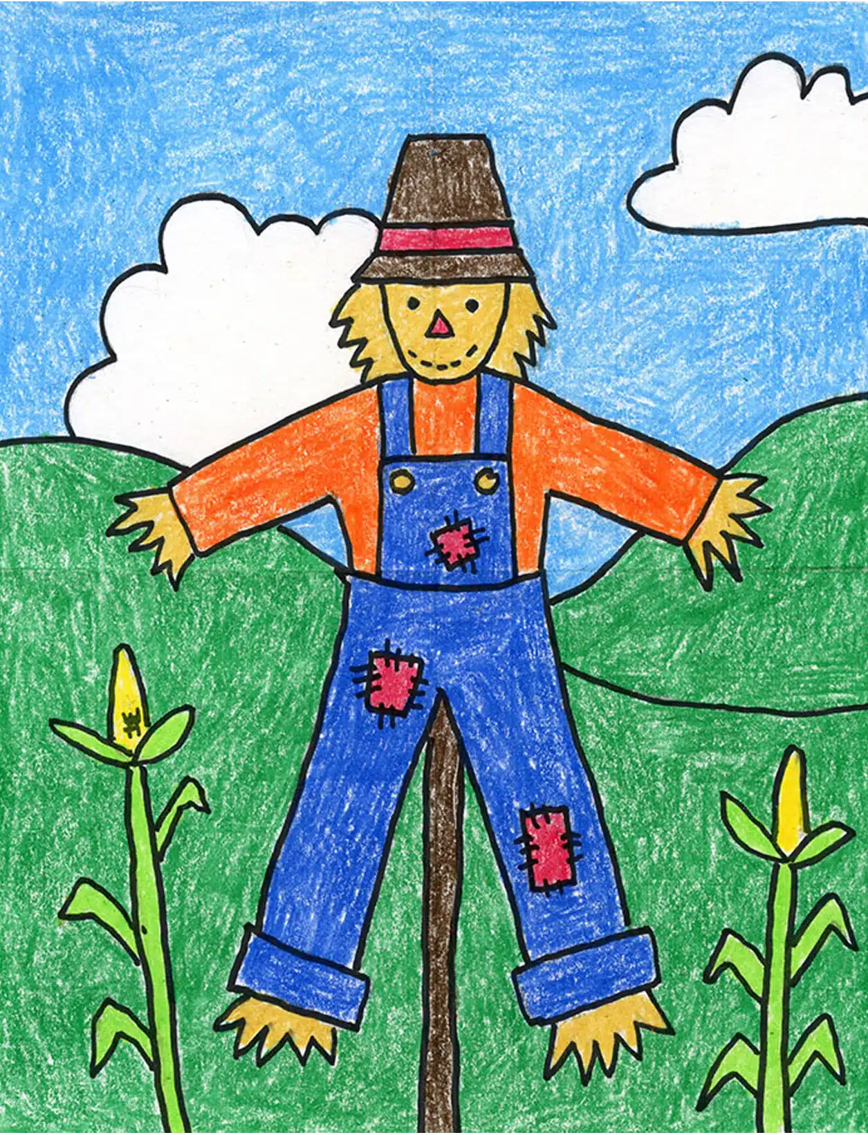 Easy how to draw a scarecrow tutorial video and coloring page