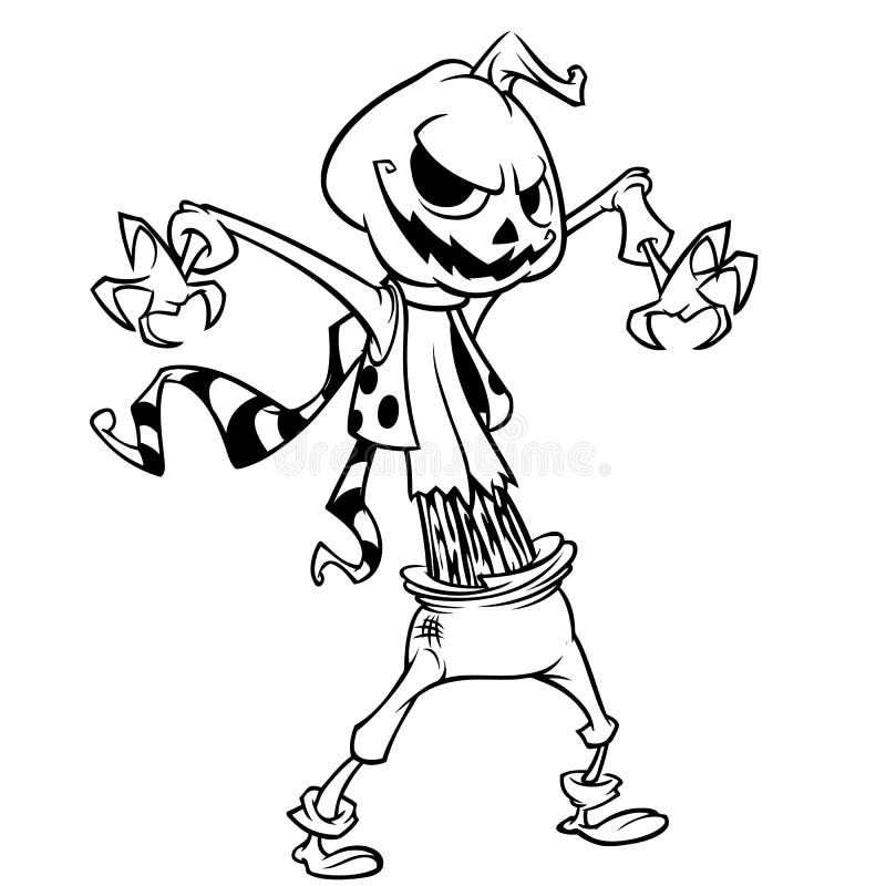 Coloring book scarecrow cartoon character vector halloween scarecrow with pumpkin head outline stock vector