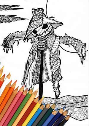 Scarecrow zentangle drawing coloring page to print download