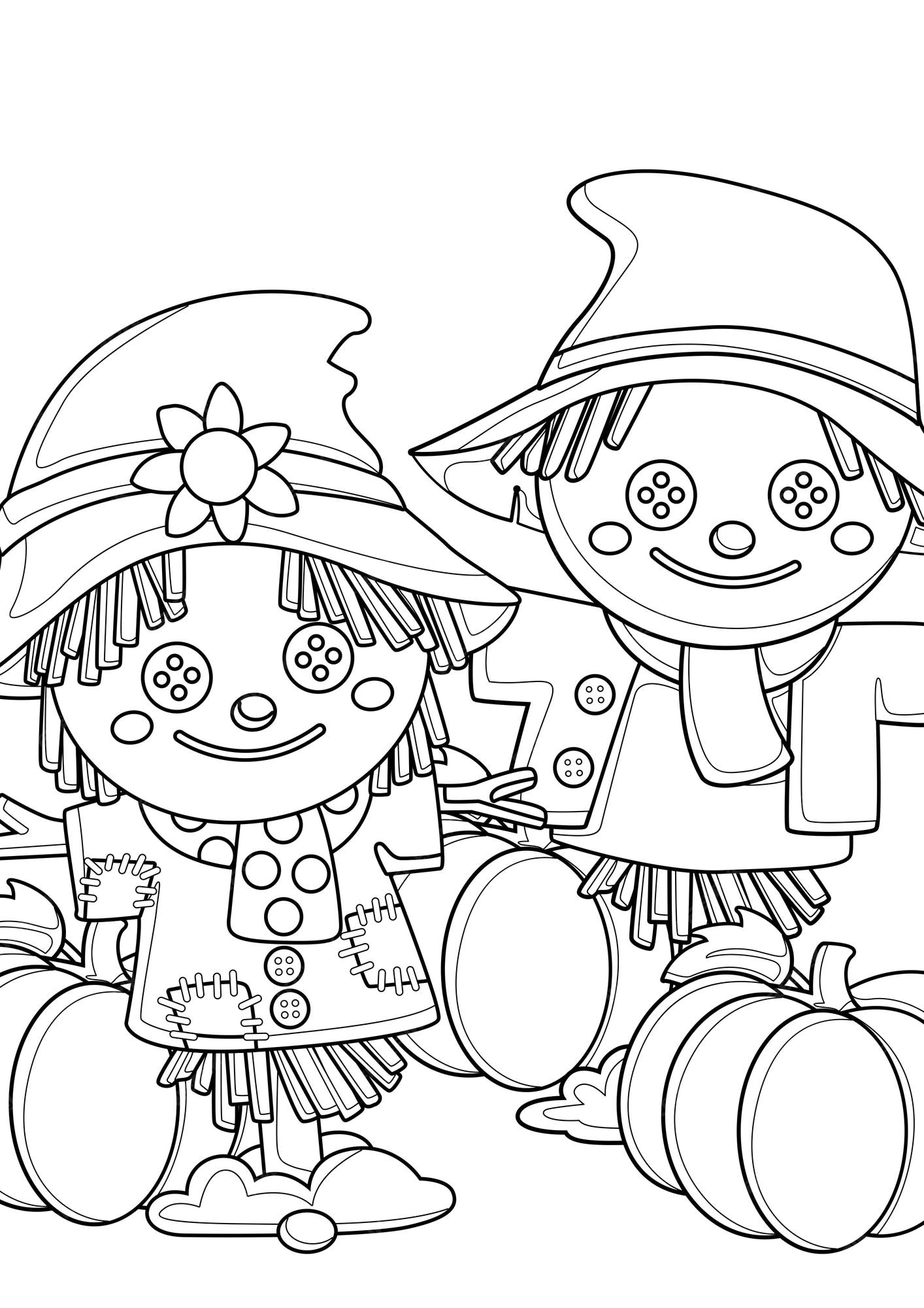 Premium vector cute autumn scarecrow and pumpkins coloring pages a for kids and adult
