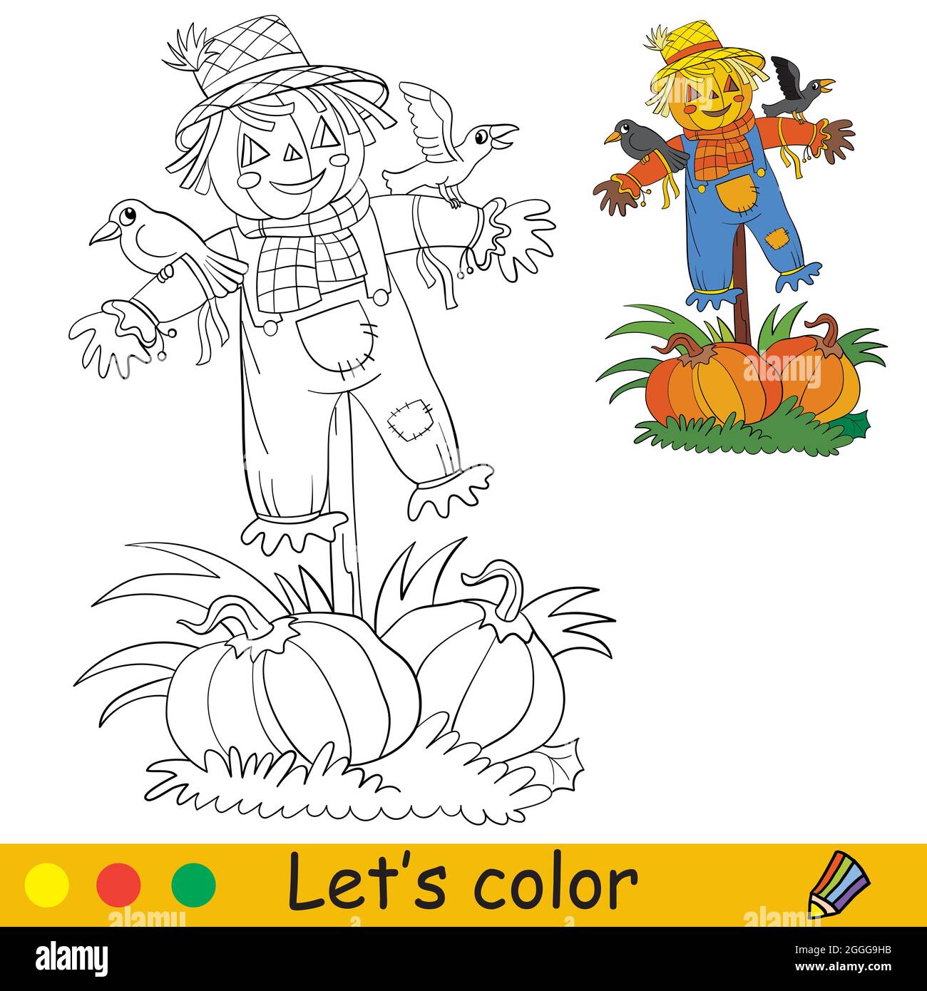 Funny scarecrow with pumpkins and crows halloween concept coloring book page for children with colorful template vector cartoon illustration for p stock vector image art
