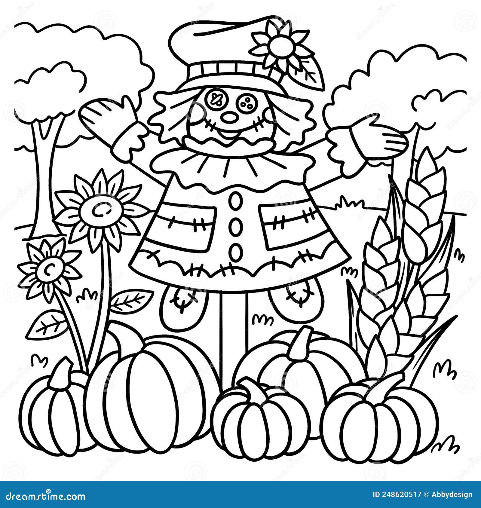 Thanksgiving scarecrow coloring page for kids stock vector