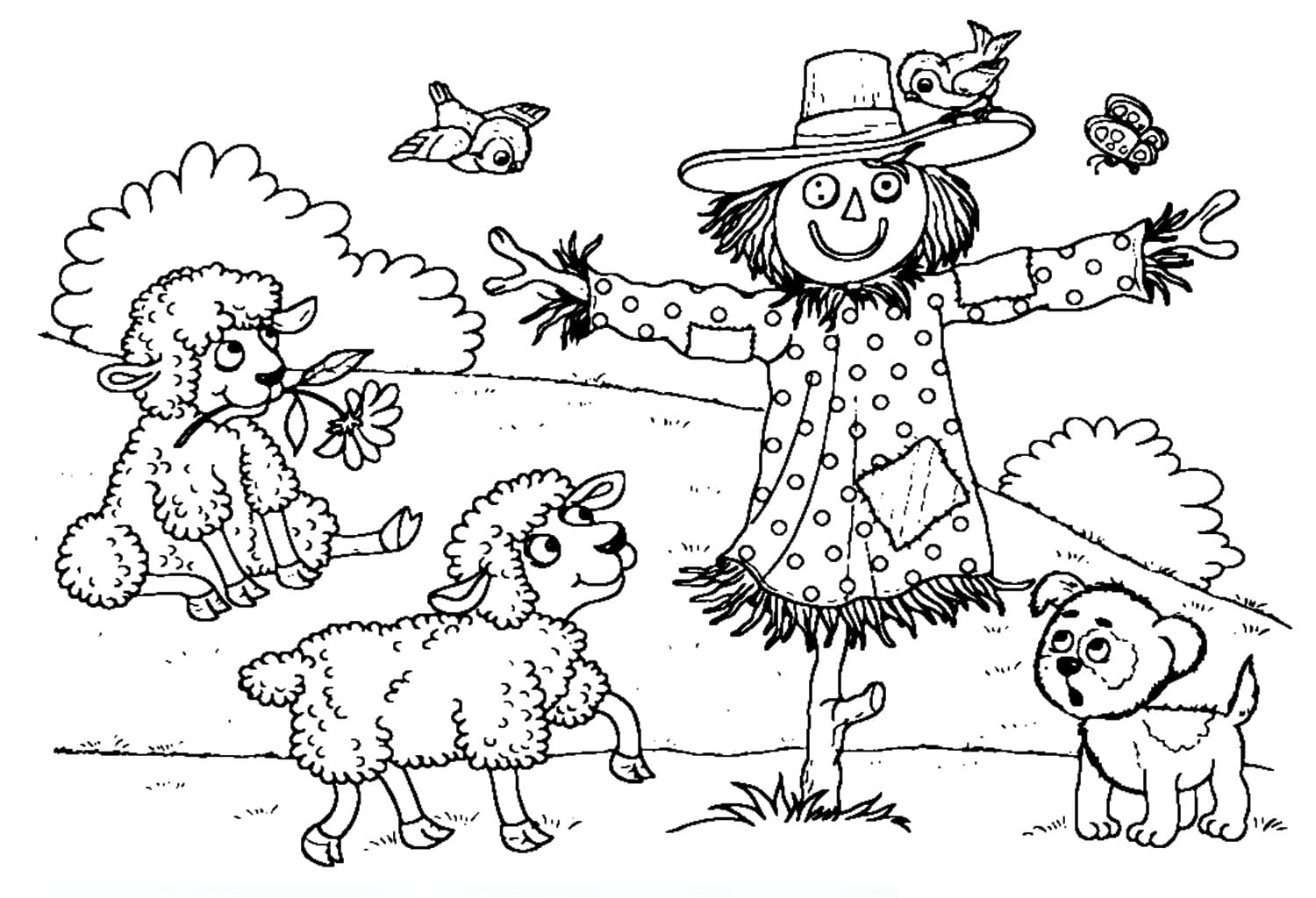 Lambs and scarecrow coloring page